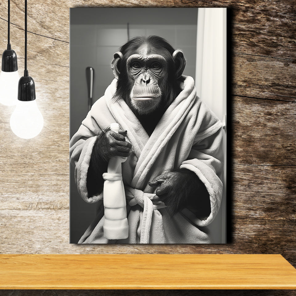 Chimp In Bathrobe Bathroom Art Funny Chimp Black And White, Painting Art, Canvas Prints Wall Art Home Decor