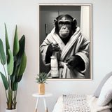 Chimp In Bathrobe Bathroom Art Funny Chimp Black And White,Framed Canvas Prints,Floating Frame, Wall Art Home Decor
