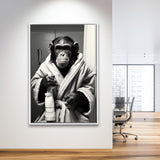 Chimp In Bathrobe Bathroom Art Funny Chimp Black And White,Framed Canvas Prints,Floating Frame, Wall Art Home Decor