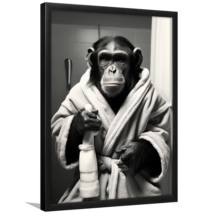 Chimp In Bathrobe Bathroom Art Funny Chimp Black And White, Painting Art, Framed Art Prints Wall Decor