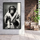 Chimp In Bathrobe Bathroom Art Funny Chimp Black And White,Framed Canvas Prints,Floating Frame, Wall Art Home Decor
