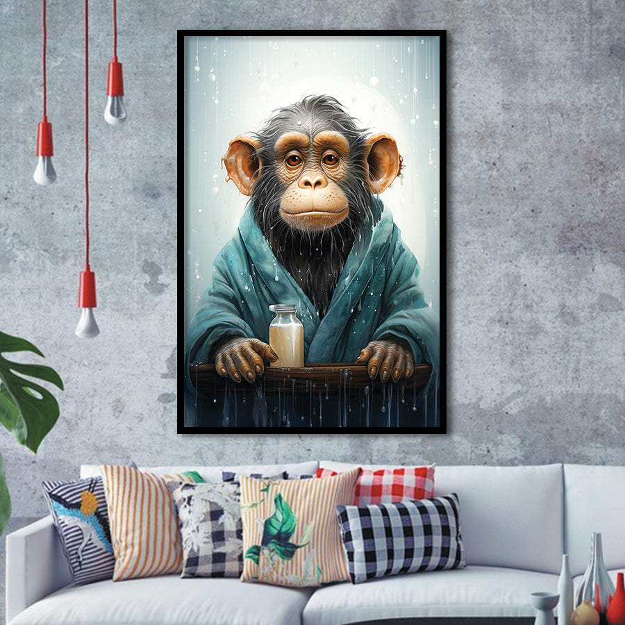 Chimp In Bathrobe Chimp Art Print Chimpanzee Art, Painting Art, Framed Art Prints Wall Decor