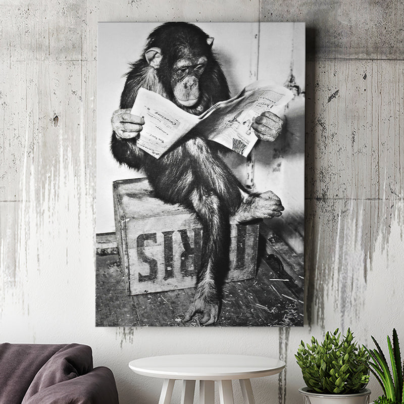 Chimpanzee Reading Newspaper Black And White Print, Monkey Business Canvas Prints Wall Art Home Decor