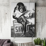 Chimpanzee Reading Newspaper Black And White Print, Monkey Business Canvas Prints Wall Art Home Decor