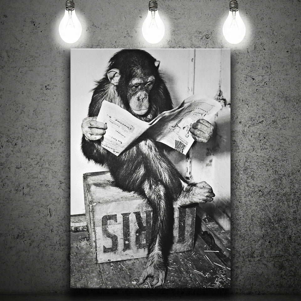 Chimpanzee Reading Newspaper Black And White Print, Monkey Business Canvas Prints Wall Art Home Decor