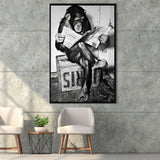 Chimpanzee Reading Newspaper Black And White Print, Monkey Business Framed Canvas Prints Wall Art Home Decor, Floating Frame