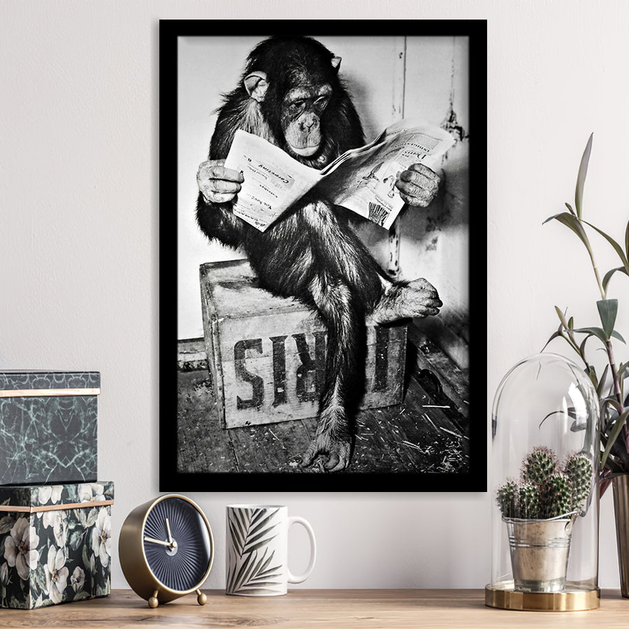 Black and White Canvas Painting Funny Posters Monkey Reading Newspaper Wall  Art