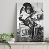 Chimpanzee Reading Newspaper Black And White Print, Monkey Business Canvas Prints Wall Art Home Decor