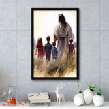 Christ Walking With Children Peaceful Watercolor, Framed Canvas Prints Wall Art Home Decor,Floating Frame, Ready to Hang