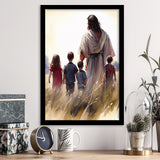 Christ Walking With Children Peaceful Watercolor, Framed Art Prints Wall Art Home Decor, Ready to Hang