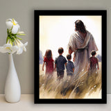 Christ Walking With Children Peaceful Watercolor, Framed Art Prints Wall Art Home Decor, Ready to Hang
