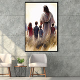Christ Walking With Children Peaceful Watercolor, Framed Canvas Prints Wall Art Home Decor,Floating Frame, Ready to Hang