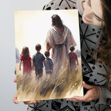 Christ Walking With Children Peaceful Watercolor, Canvas Prints Wall Art Home Decor, Ready to Hang