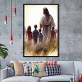 Christ Walking With Children Peaceful Watercolor, Framed Art Prints Wall Art Home Decor, Ready to Hang
