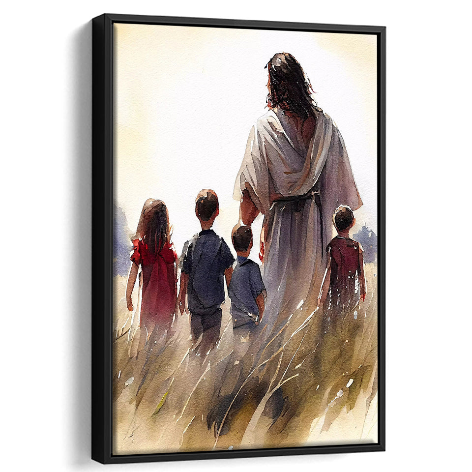 Christ Walking With Children Peaceful Watercolor, Framed Canvas Prints Wall Art Home Decor,Floating Frame, Ready to Hang