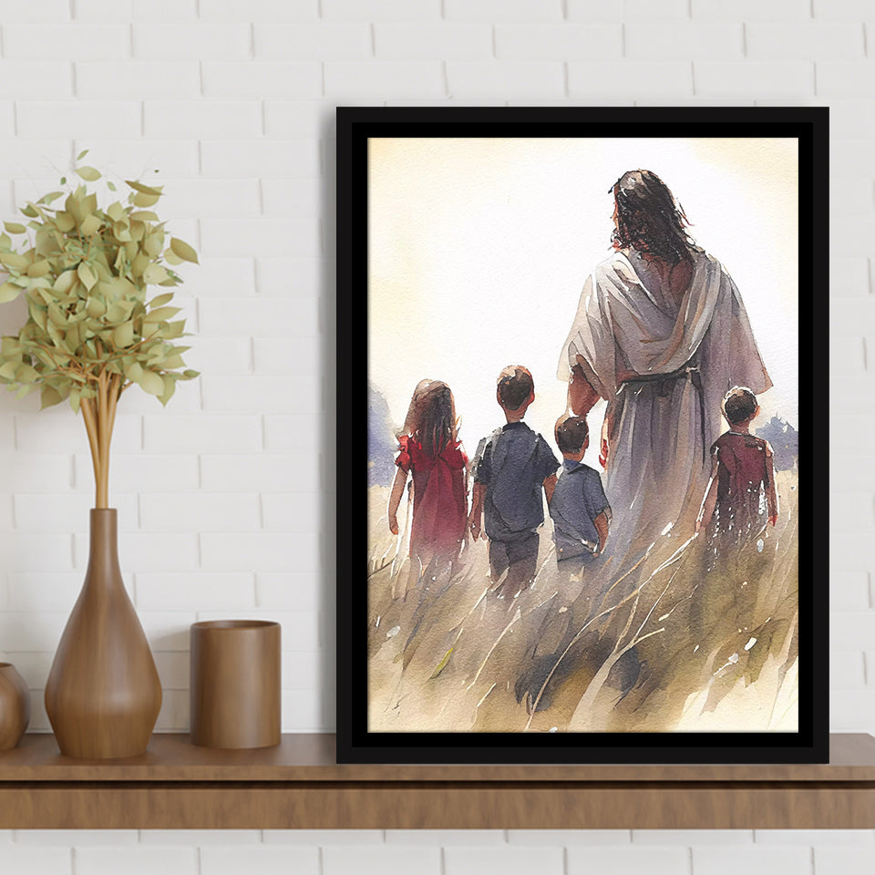 Christ Walking With Children Peaceful Watercolor, Framed Canvas Prints Wall Art Home Decor,Floating Frame, Ready to Hang