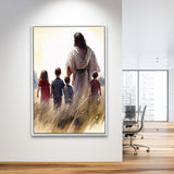 Christ Walking With Children Peaceful Watercolor, Framed Canvas Prints Wall Art Home Decor,Floating Frame, Ready to Hang