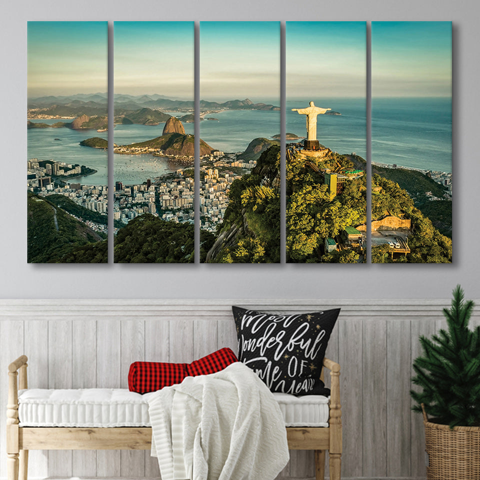 Christ The Redeemer Statue In Rio De Janeiro 5 Piece B Canvas Prints Wall Art, Multi Panels,Large Canvas