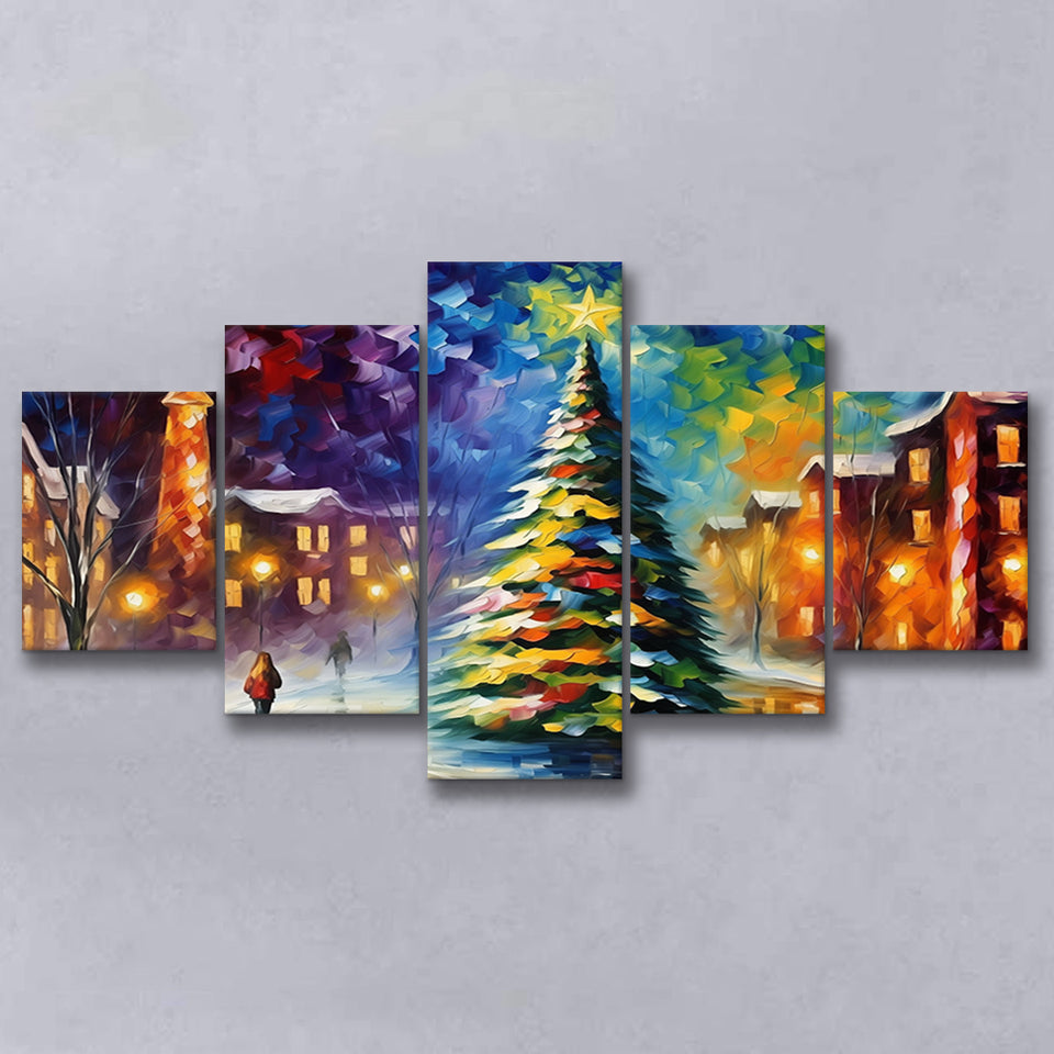 Christmas Tree Painting Colorful, Xmas Art V2 Mixed 5 Panel Large Canvas Prints Wall Art Decor
