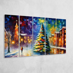 Christmas Tree Painting Colorful, Xmas Art V2,5 Panel Extra Large Canvas Prints Wall Art Decor