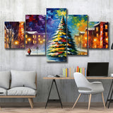 Christmas Tree Painting Colorful, Xmas Art V2 Mixed 5 Panel Large Canvas Prints Wall Art Decor
