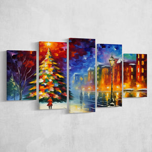 Christmas Tree Painting Colorful, Xmas Art V1 Mixed 5 Panel Large Canvas Prints Wall Art Decor