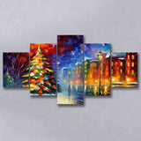 Christmas Tree Painting Colorful, Xmas Art V1 Mixed 5 Panel Large Canvas Prints Wall Art Decor