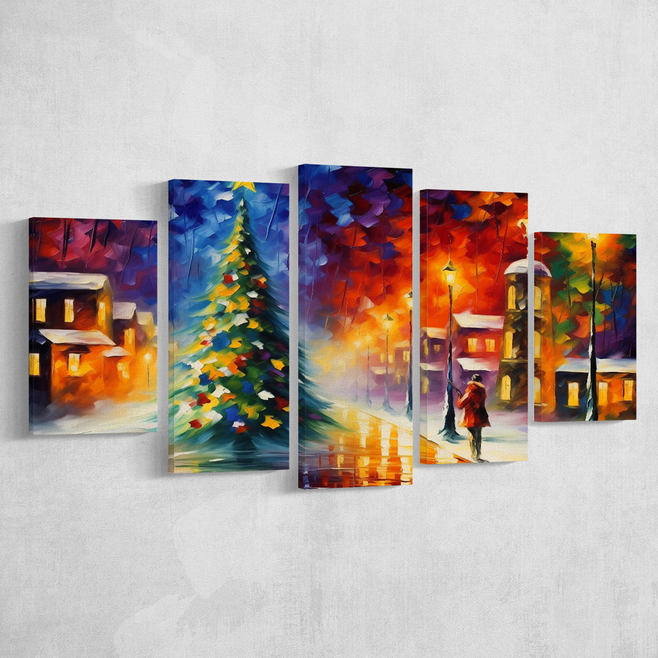 Christmas Tree Painting Colorful, Xmas Art V3 Mixed 5 Panel Large Canvas Prints Wall Art Decor