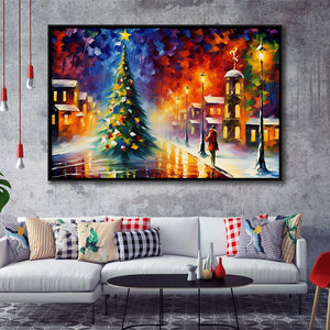 Christmas Tree Painting Colorful, Xmas Art V3, Framed Canvas Prints Wall Art Decor, Floating Frame