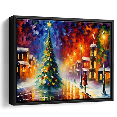 Christmas Tree Painting Colorful, Xmas Art V3, Framed Canvas Prints Wall Art Decor, Floating Frame
