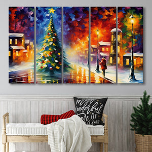 Christmas Tree Painting Colorful, Xmas Art V3,5 Panel Extra Large Canvas Prints Wall Art Decor