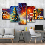 Christmas Tree Painting Colorful, Xmas Art V3 Mixed 5 Panel Large Canvas Prints Wall Art Decor