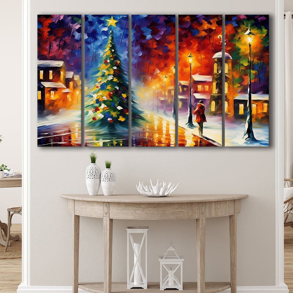 Christmas Tree Painting Colorful, Xmas Art V3,5 Panel Extra Large Canvas Prints Wall Art Decor