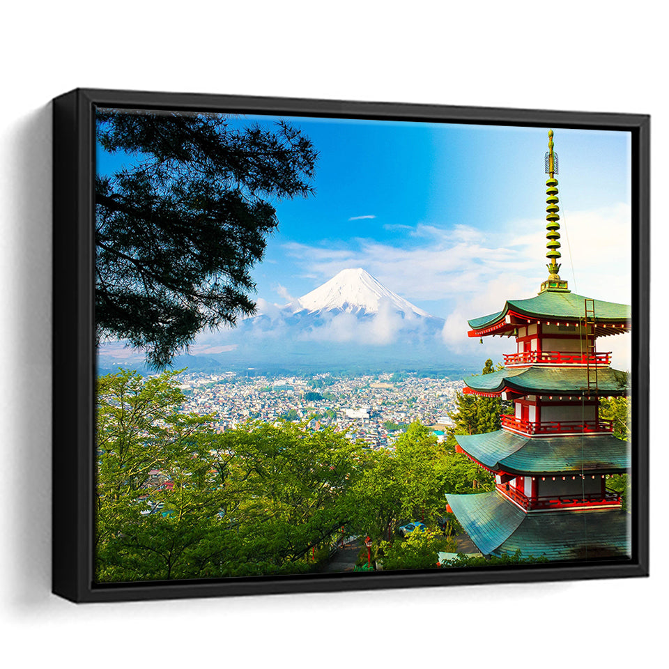 Chureito Pagoda in Fujiyoshida, Japan Japan Wall Decor Framed Canvas Prints Wall Art Decor, Black Floating Frame