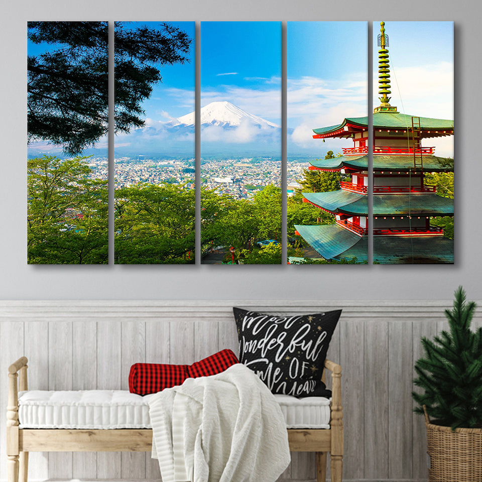 Chureito Pagoda in Fujiyoshida, Japan Japan Wall Decor 5 Panels B,Large Canvas,Canvas Prints Wall Art Home Decor