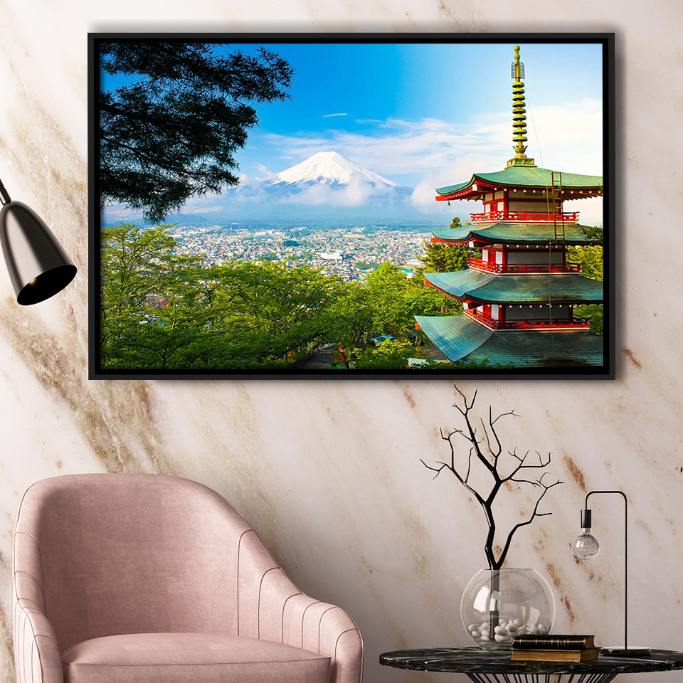 Chureito Pagoda in Fujiyoshida, Japan Japan Wall Decor Framed Canvas Prints Wall Art Decor, Black Floating Frame