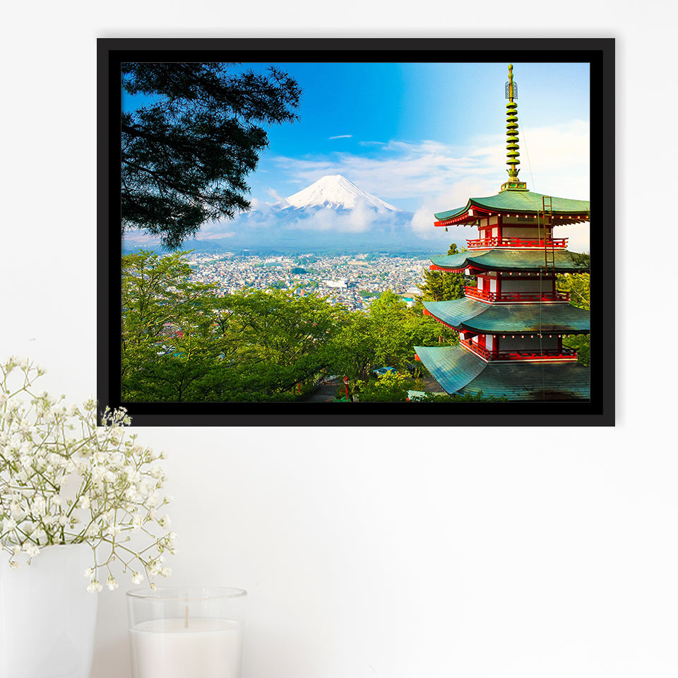 Chureito Pagoda in Fujiyoshida, Japan Japan Wall Decor Framed Canvas Prints Wall Art Decor, Black Floating Frame