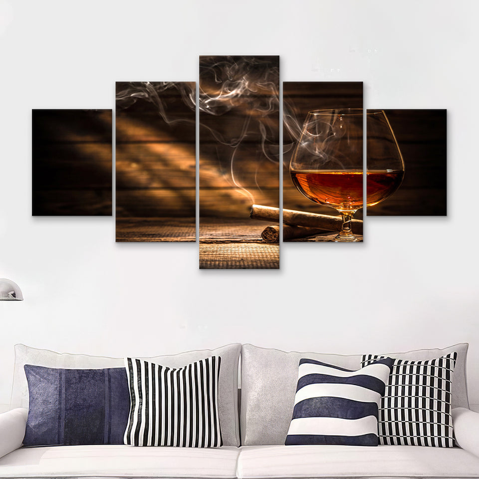 Cigar And Bourbon 5 Piece Canvas Prints Wall Art - Painting Prints, Wall Decor,Multi Panel
