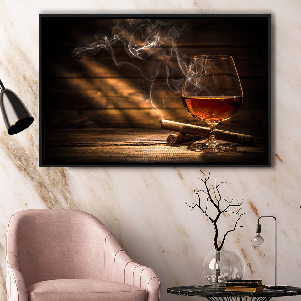 Cigar And Bourbon Framed Canvas Prints Wall Art - Painting Prints, Wall Decor, Floating Frame