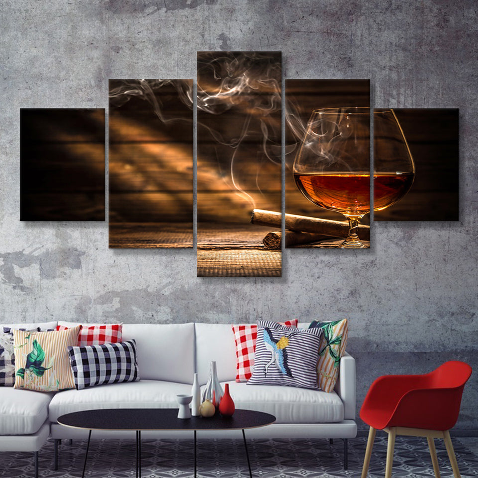 Cigar And Bourbon 5 Piece Canvas Prints Wall Art - Painting Prints, Wall Decor,Multi Panel