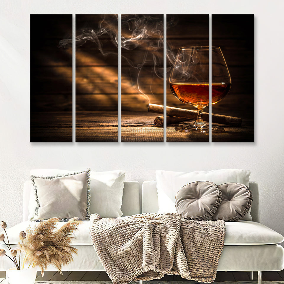 Cigar And Bourbon 5 Piece Canvas Prints Wall Art - Painting Prints, Wall Decor,Multi Panels