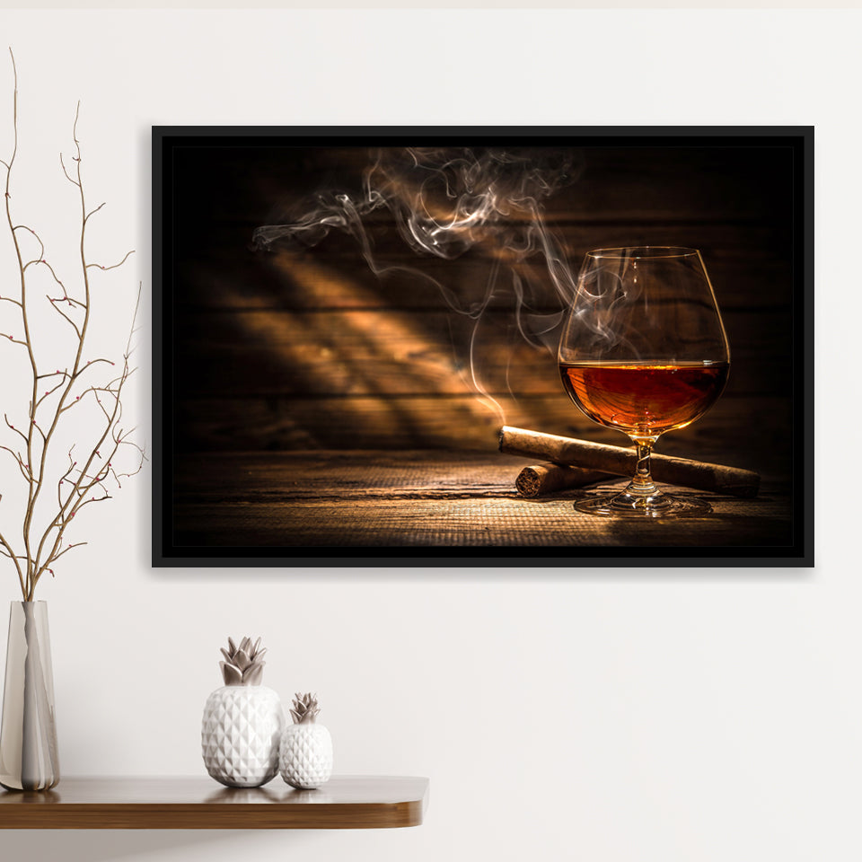 Cigar And Bourbon Framed Canvas Prints Wall Art - Painting Prints, Wall Decor, Floating Frame
