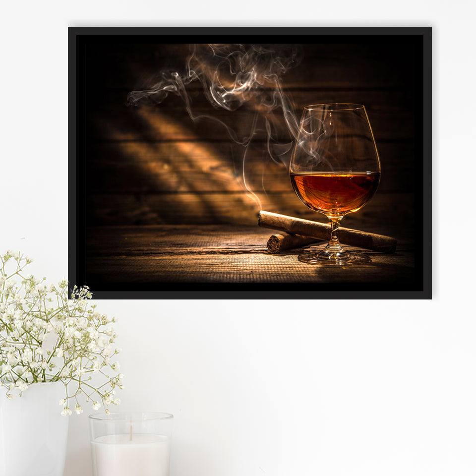 Cigar And Bourbon Framed Canvas Prints Wall Art - Painting Prints, Wall Decor, Floating Frame
