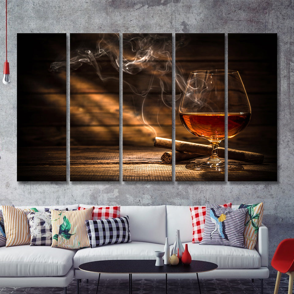 Cigar And Bourbon 5 Piece Canvas Prints Wall Art - Painting Prints, Wall Decor,Multi Panels