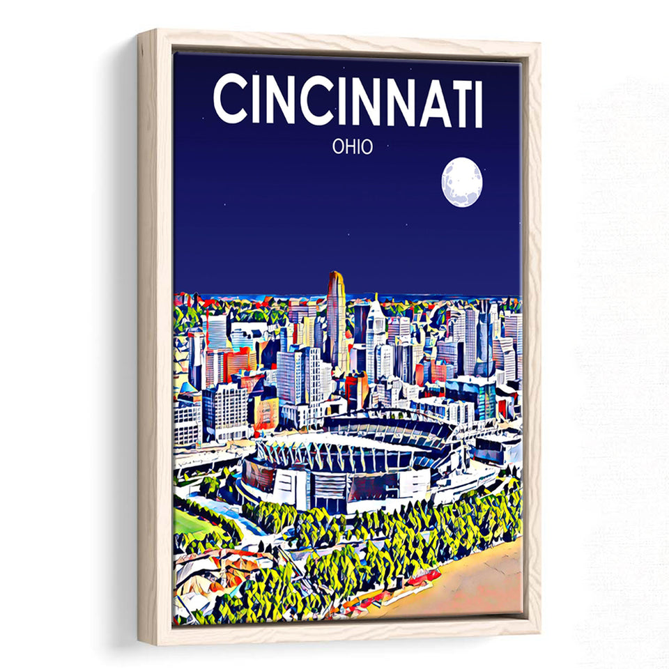Cincinnati Ohio Art Night Landscape, Large Canvas, Framed Canvas Print Wall Art Home Decor, Floating Frame