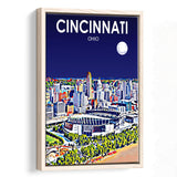 Cincinnati Ohio Art Night Landscape, Large Canvas, Framed Canvas Print Wall Art Home Decor, Floating Frame