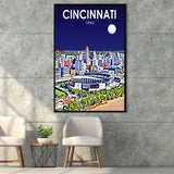 Cincinnati Ohio Art Night Landscape, Large Canvas, Framed Canvas Print Wall Art Home Decor, Floating Frame