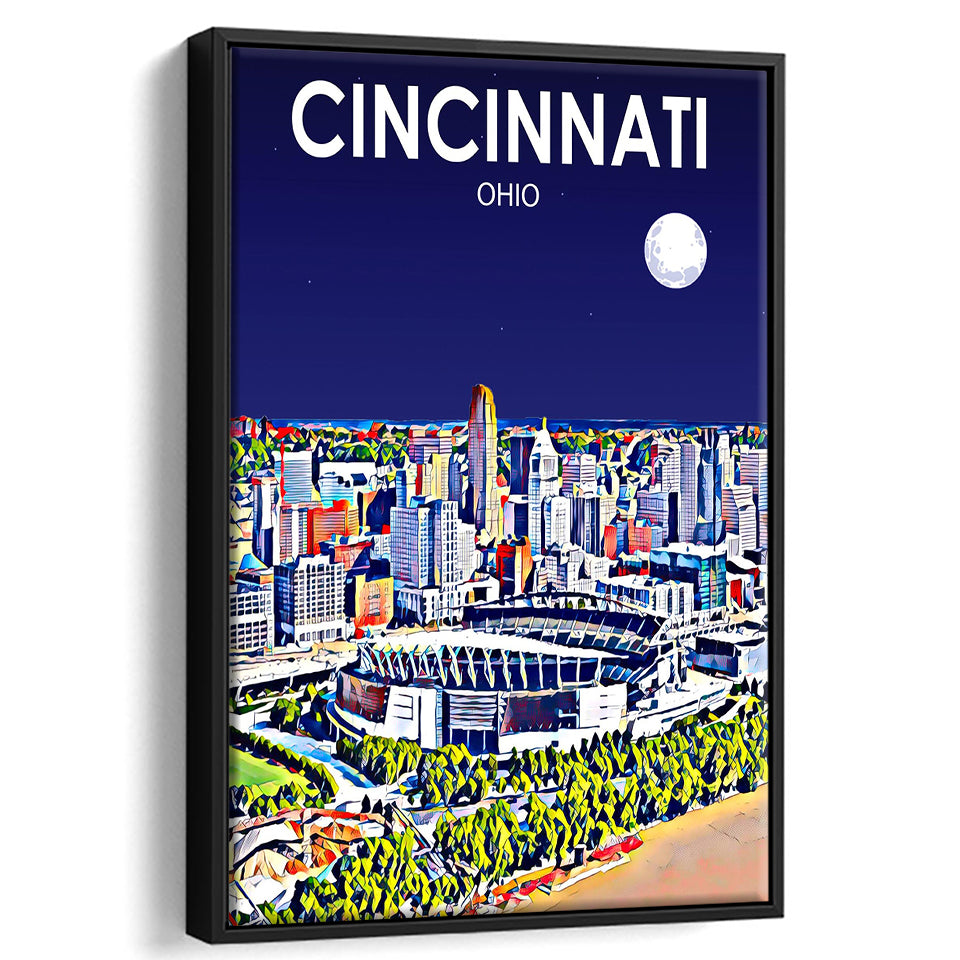 Cincinnati Ohio Art Night Landscape, Large Canvas, Framed Canvas Print Wall Art Home Decor, Floating Frame