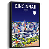 Cincinnati Ohio Art Night Landscape, Large Canvas, Framed Canvas Print Wall Art Home Decor, Floating Frame