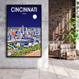 Cincinnati Ohio Art Night Landscape, Large Canvas, Framed Canvas Print Wall Art Home Decor, Floating Frame